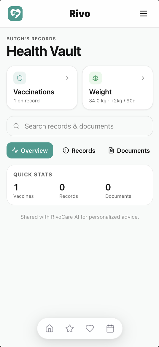 Rivo Health Vault for Butch with vaccination and weight summaries, record search and Overview, Records and Documents tabs