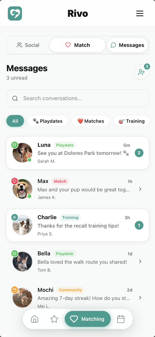 Rivo Messages inbox with playdate, match and training conversations
