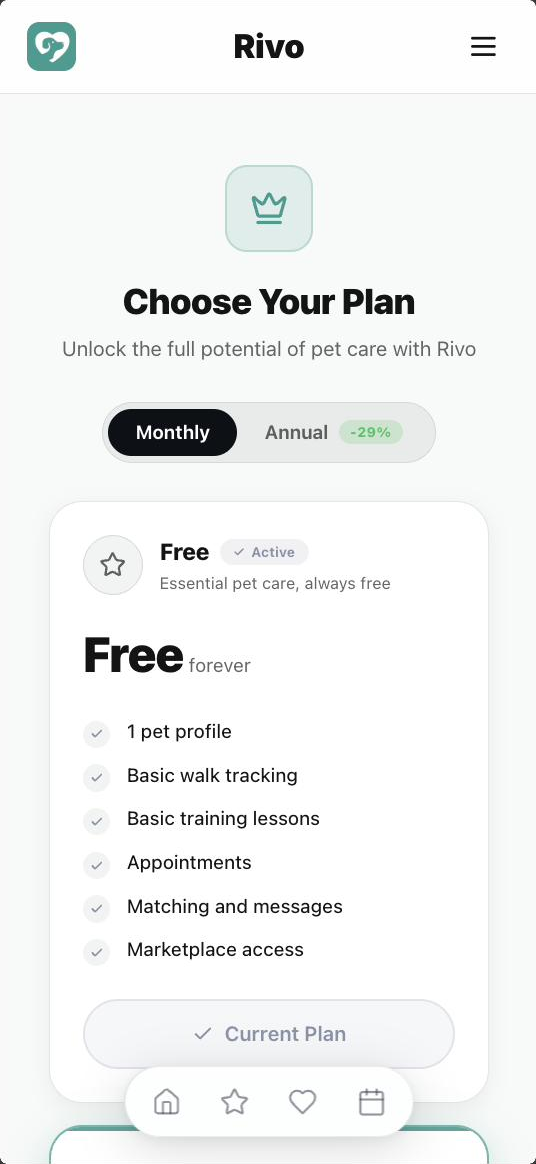Rivo Choose Your Plan screen with monthly and annual toggle and the Free plan details