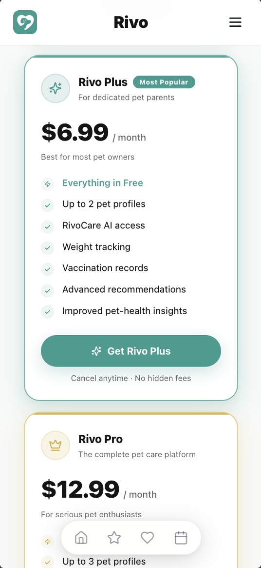 Rivo plan screen showing Rivo Plus at $6.99 per month and Rivo Pro at $12.99 per month