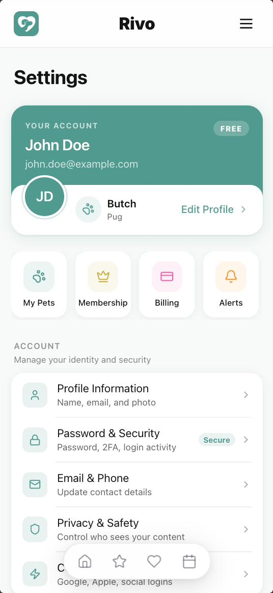 Rivo Settings screen with account card, Butch's profile and quick actions