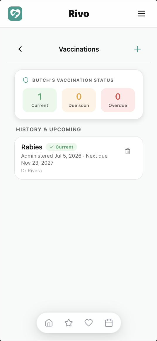 Rivo Vaccinations screen with current, due-soon and overdue counters and a rabies record