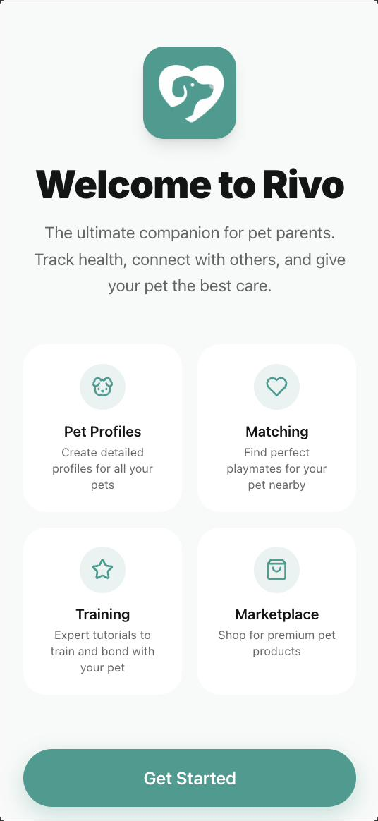 Rivo welcome screen introducing pet profiles, matching, training and the marketplace